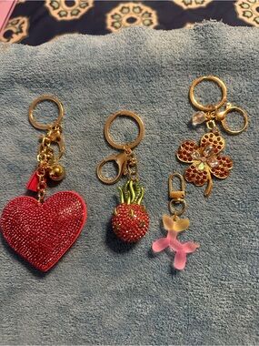 Gold-Tone PinkHeart & Strawberry Keychains Set - Women Accessories